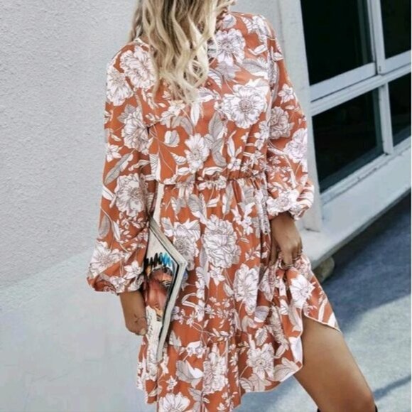 CORAL PINK A LINE FLORAL PATTERN DRESS - Picture 3 of 8